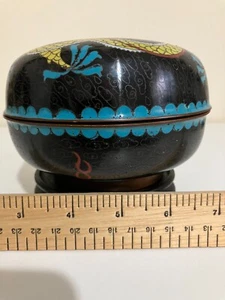 ANTIQUE Qing Chinese Yellow Dragon 5 Claws Cloisonne Enamel Round Lidded Box Jar - Picture 1 of 4