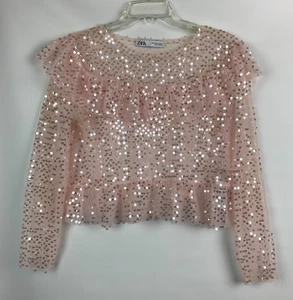 Zara Top Pink Sequin Ruffled Pullover Round Neck Long Sleeve Size S - Picture 1 of 8