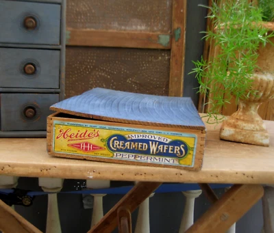 Antique Wood Box Blue Milk Paint Original Paper Label Heide's Peppermint Wafers - Image 1 of 4