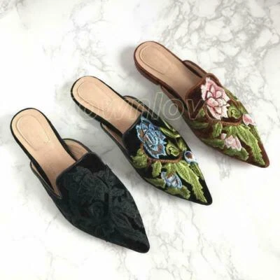 Zapatos de salón florales bordados terciopelo punta mulas verano informales talla Foto 1 de 4