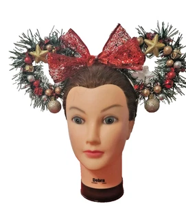 Diadema natalizio fatto a mano fiocco rosso e ornamenti, accessorio diadema aureola capelli NUOVO! - Foto 1 di 12