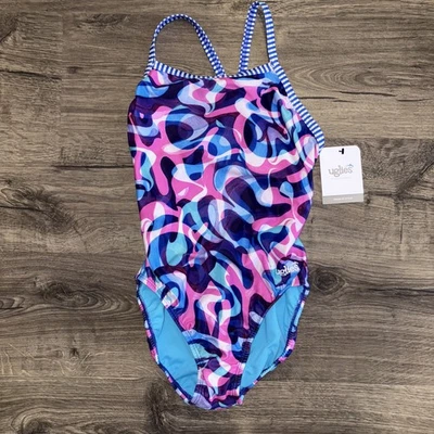 NUEVO Traje de baño de una pieza con etiqueta Dolfin Uglies talla 36 rosa púrpura azul blanco Foto 1 de 4