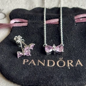 NEW Pandora - Pink Sparkling Bow CZ Stud Earrings & Necklace Set - Picture 1 of 4