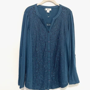 Style&Co Damen türkis Blumen Spitze Knopfleiste Tunika Top Rollriegel Ärmel Gr. Small - Bild 1 von 11