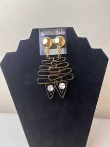 Contempo Casuals Vintage goldfarben & Strass New Wave Clip Ohrringe 4,5" Tropfen - Bild 1 von 4