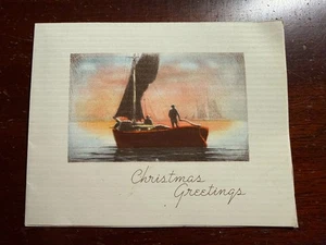 Weihnachtsgrüße Boot Schiff Segel unbenutzt Vintage Grußkarte - Bild 1 von 3