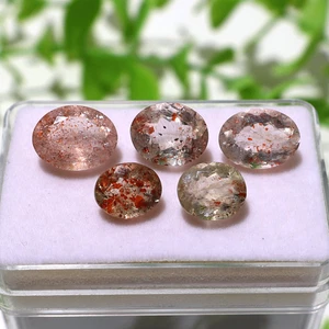 Gemas facetadas de piedra solar natural de Oregón de 5 piezas - corte ovalado de melocotón y champán ~ 10 mm-14 mm - Imagen 1 de 12