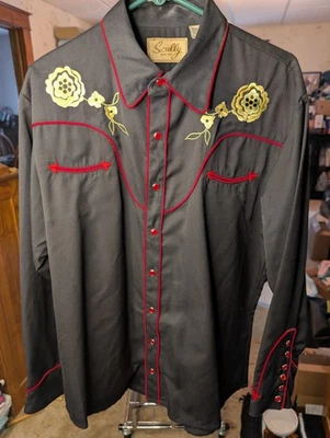 Camisa Vaquera Scully Western Vintage Bordada Floral Para Hombre [M] Negra y Roja Foto 1 de 2