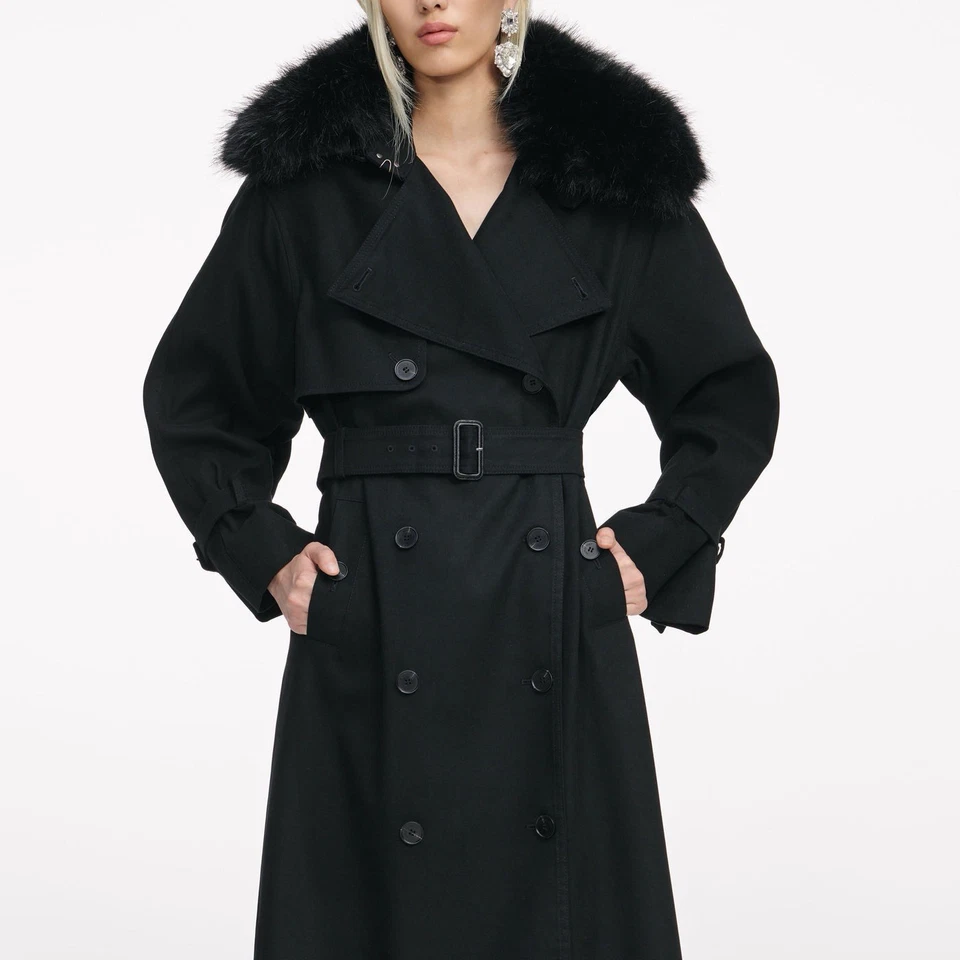 Self portrait BLACK TWILL FUR COLLAR TRENCH COAT $995 Size S - Image 1 of 4
