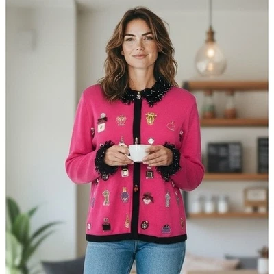 Suéter feminino Berek vintage M frasco de perfume rosa quente colônia frisada feminino feminino - Imagem 1 de 4