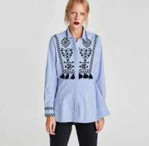 Zara Embroidered Tassel Shirt Blouse Women’s Blue Striped Boho Folk Festival L - Picture 1 of 8