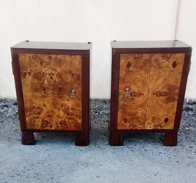 Antique PAIR Art Decò Nightstands Bedside Mahogany & Burl Wood Italy 1930s - Image 1 of 4