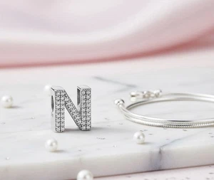 Sterling Silver 925 Charm For Snake Bracelet Fit Pndora bracelet Letter “N” - Picture 1 of 2