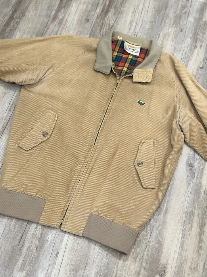 Vintage 80s Izod Lacoste Corduroy Bomber Jacket Men’s Sz Medium Brown Plaid - Image 1 of 4