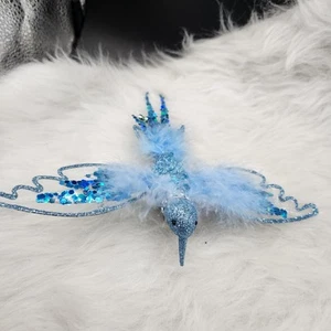 Christmas Clip On Ornament Light Blue Glitter & Feather Hummingbird NWT - Picture 1 of 5