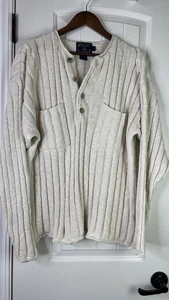 Maglione vintage Y2K Ralph Lauren Chaps Henley a costine beige preppy Lagenlook uomo L - Foto 1 di 14