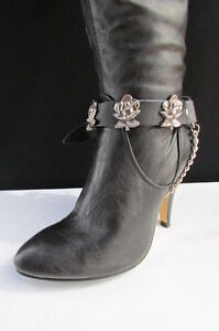 New Biker Western Women Boot Silver Chain Pair Black Leather Straps Rose Flowers