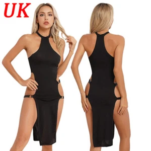 AU Women Halter Neck High Slit Legs Knee Length Dress Cheongsam Style Nightgown - Picture 1 of 25