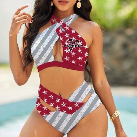 Atlanta Falcons Womens 2Pcs Bikini Cross Strappy Front Swimsuit Sexy Beachwear Cover