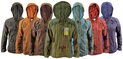 GHERI Hippie Collarless Grandad Stonewashed Cotton Natural Shirt Top OM Nepalese Hoody