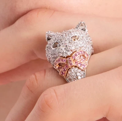 $148 NWT Kate Spade New York Pawlina Kitty Cat with Pink Bow Cocktail Ring SZ 7 - Image 1 of 4