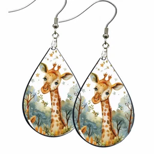 Cute Giraffe Earrings Dangle Teardrop NO TARNISHING Wood Wildlife Zoo Animals - Picture 1 of 5