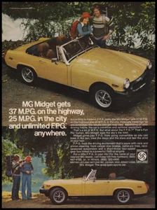 MG Midget convertible print ad 1976 yellow car, 70s fashion - Picture 1 of 1