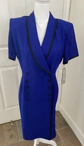 Vintage Studio 1 Wrap Front Sheath Dress 12 Petite Tan Blue Career 80s 90s Mom - Picture 1 of 8