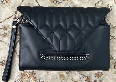 Bebe Women’s Black With Gold Bead Detail Quilt Cushion Style Faux Leather Clutch - Image 1 of 4