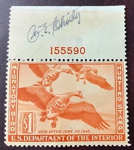  RW11 $1.00 Migratory Bird Hunting Stamp, F/ VF MNH, Signed Selvage Geese 1944 - Picture 1 of 4