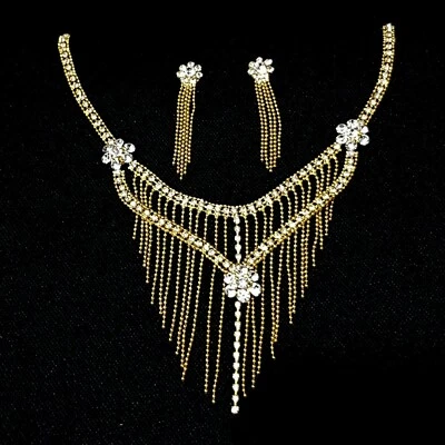 Ensemble De Bijoux De Mariage, Boucles D'Oreilles, Collier En Strass Doré - Photo 1/2