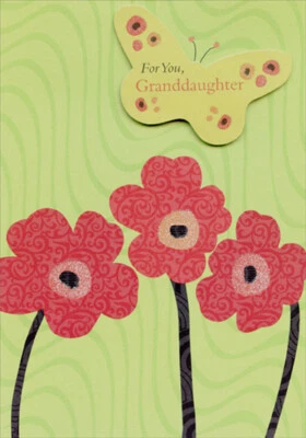 3 Red Flowers and Tip On Die Cut Green Butterfly Birthday Card for Granddaughter - Image 1 of 2
