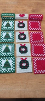 Vintage Yarn Craft Plastic Needlepoint Christmas Coasters. Set of 12. 3 Holders. - Image 1 of 4