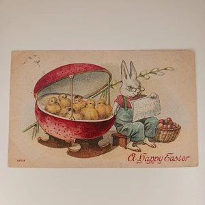 Frohe Ostern Postkarte Hase Eier Korb mit Küken verschickt hinten geteilt - Bild 1 von 8