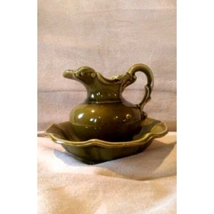 Vintage McCoy USA Ceramic Pitcher Bowl Basin - Moss Avocado Green - Picture 1 of 8