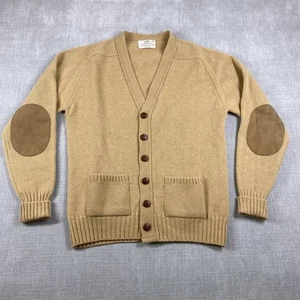Vintage Lord Jeff Sweater Mens Large Wool Camel Hair Elbow Patch Cardigan USA 90 - Picture 1 of 11