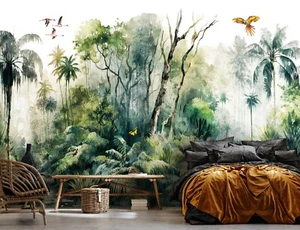 Painted Jungle Birds Palms bedroom wallpaper large wall mural 312x219cm green - Picture 1 of 9