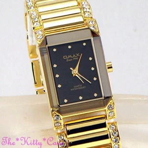 OMAX Gold PL Seiko Movt Bevelled Mineral Dress Watch w/ Swarovski Crystal JES612 - Picture 1 of 12