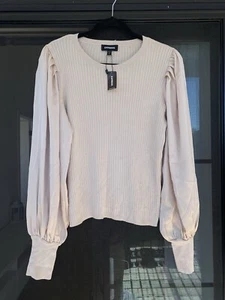 NWT Express Pleated Puff Lantern Satin Sleeve Rib Knit Sweater Crop Top Blouse - Picture 1 of 14