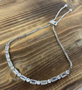 Simulated Diamond Tennis Bracelet Silver Tone Adjustable Sizing Up To 9” - Picture 1 of 4