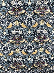 Mini tela William Morris Strawberry Thief azulada, algodón Art Nouveau Morris & Co - Imagen 1 de 7