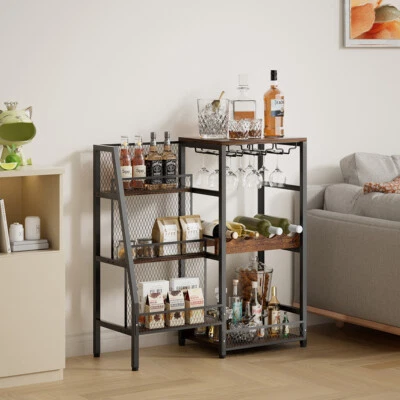 Industrial Corner Wine Rack with Glass Holder Storage Shelves Bar Wine Cabinet - Image 1 of 4