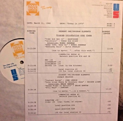 RADIO SHOW 3/11/88 TODAY IN '70: JOHN LENNON, BOBBY SHERMAN,CCR, TEE SET,JAGGERZ - Image 1 of 2