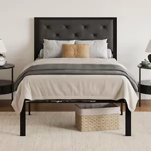 Twin Size Metal Platform Bed Frame,Fabric Upholstered Button Tufted Headboard, M - Picture 1 of 9