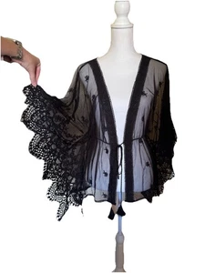 Sheer Lace Gothic Black Roses Whimsigoth Shawl Wrap Cardigan - Picture 1 of 5