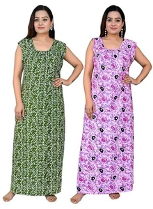 Cotton Printed Women Sleeveless Nighty Combo With Pocket (Green & Purple) - Picture 1 of 5