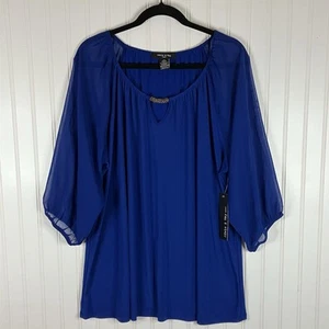 Adele & May Top Womens Sz 2X Elegant Cobalt Blue Sheer Sleeves Tunic Blouse New - Picture 1 of 12