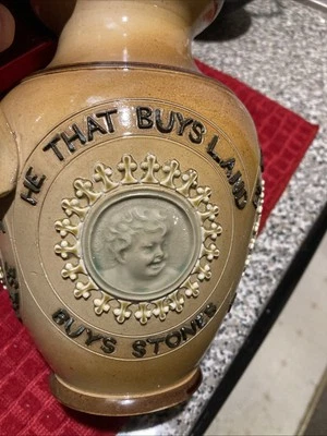 ANTIQUE VICTORIAN DOULTON LAMBETH ENGLAND STONEWARE MOTTO JUG PITCHER Pre-1901 - Image 1 of 4