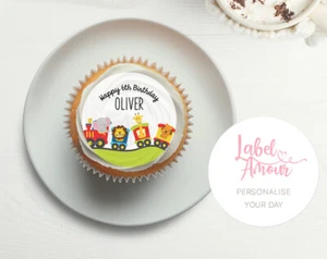 24 x PERSONALISED Animal Train Birthday Party Thank Cupcake Edible Toppers Cake - Picture 1 of 3