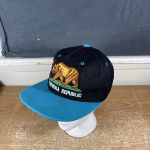 California Republic Acrylic Snapback Black Hat Turquoise Bill Embroidered Paw  - Picture 1 of 9